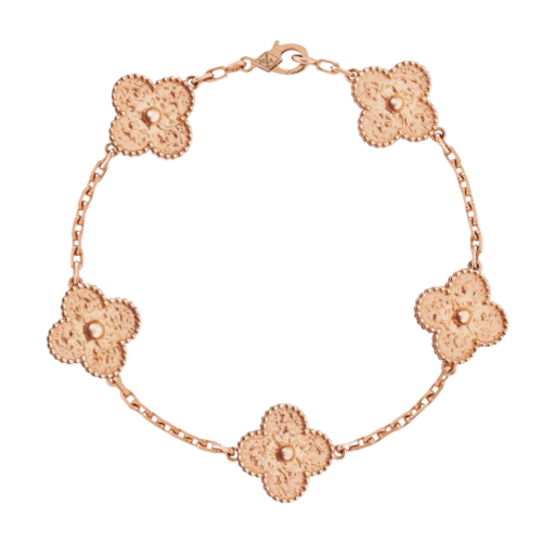5 Clover 18K Hammered Full Solid Rose Gold Bracelet