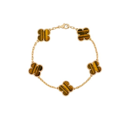 Vintage Alhambra 5 Motif 18K Yellow Gold Tiger-Eye Bracelet