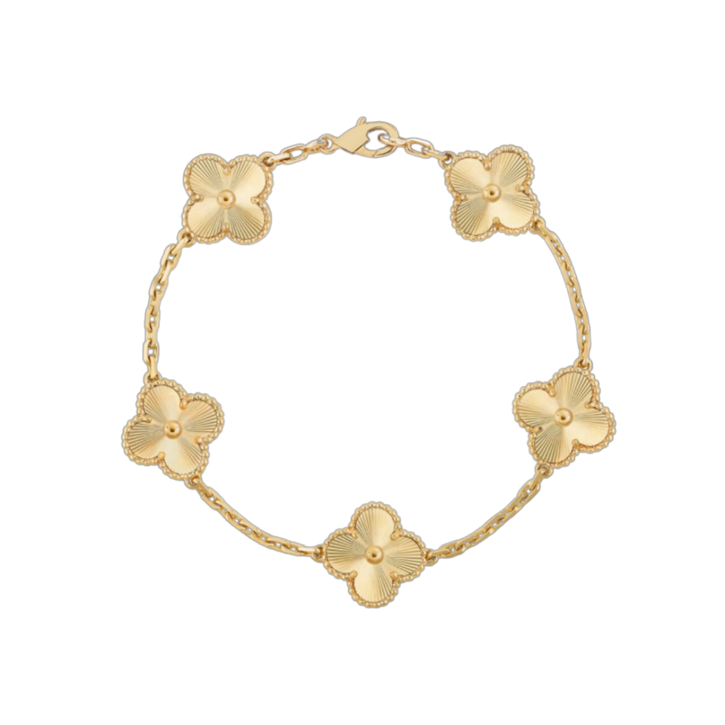 Vintage Alhambra 5 Motif 18K Yellow Solid Gold Guilloche Bracelet