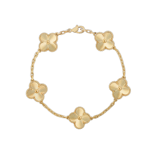 Vintage Alhambra 5 Motif 18K Yellow Solid Gold Guilloche Bracelet